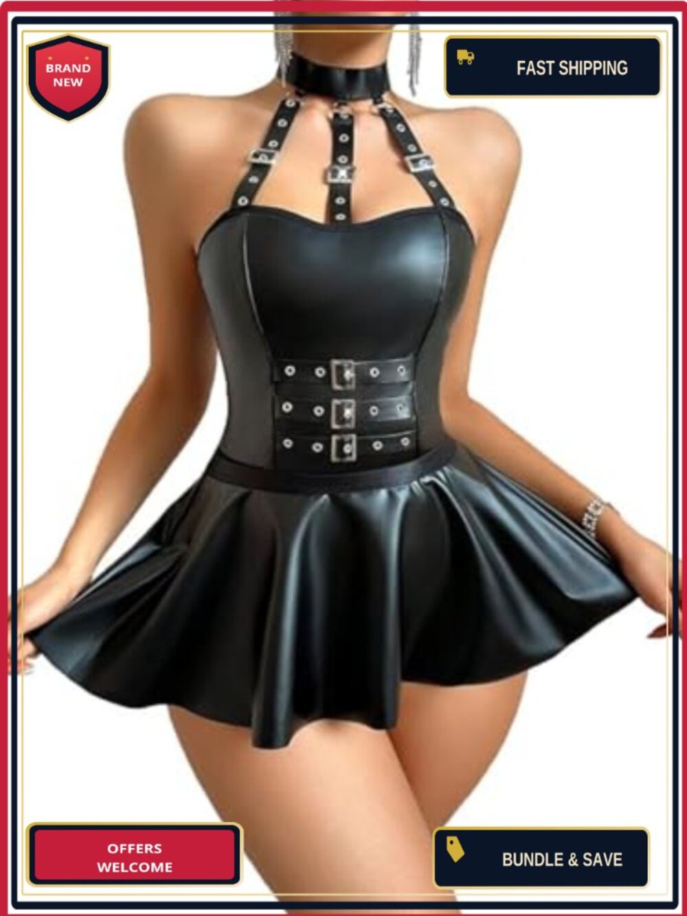 Faux Leather Strappy Bodysuit & Mini Skirt Lingerie Clubwear Set